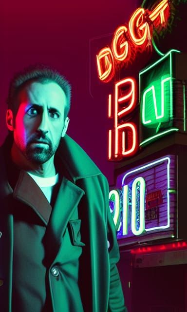 Cyberpunk Man in Trenchcoat at Neon Nightclub