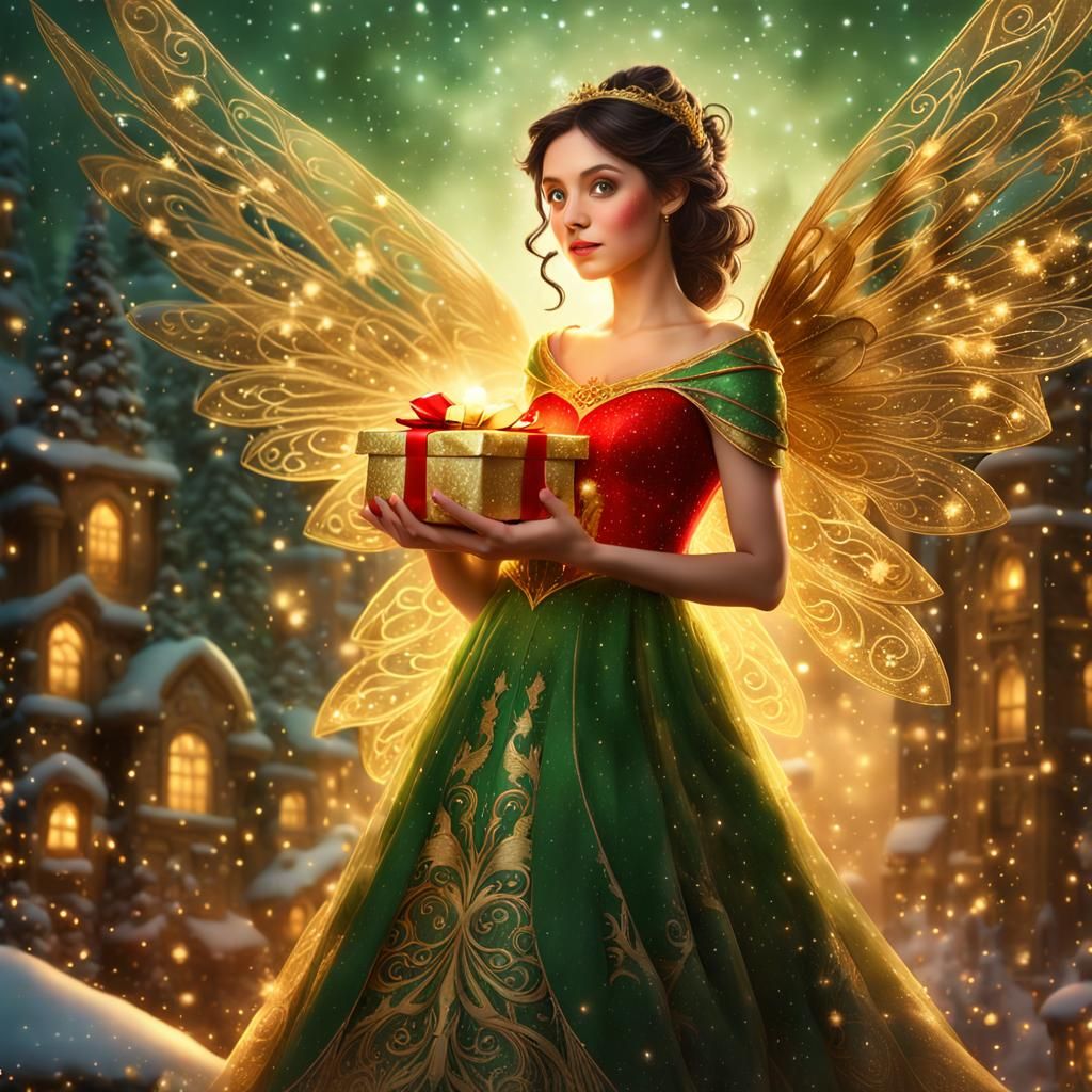 Christmas Fairy in Elegant Red and Green Attire with Golden....
