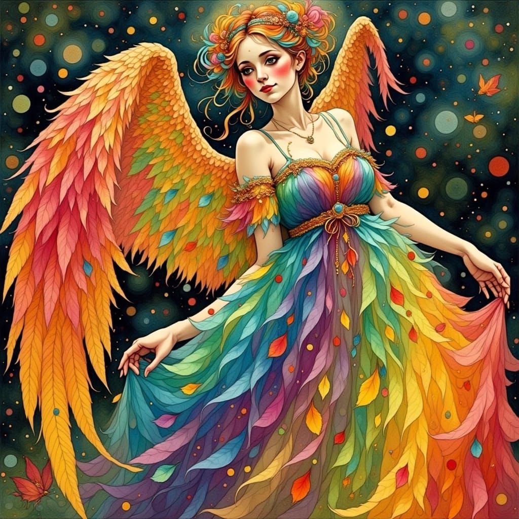Whimsical Angel in a Rainbow-Colored Gown
