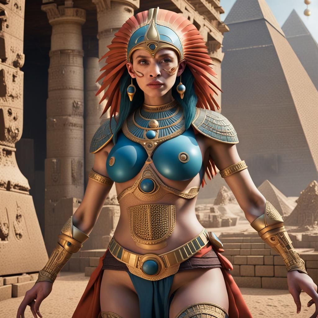 Surreal Woman with Spheres and Pyramids