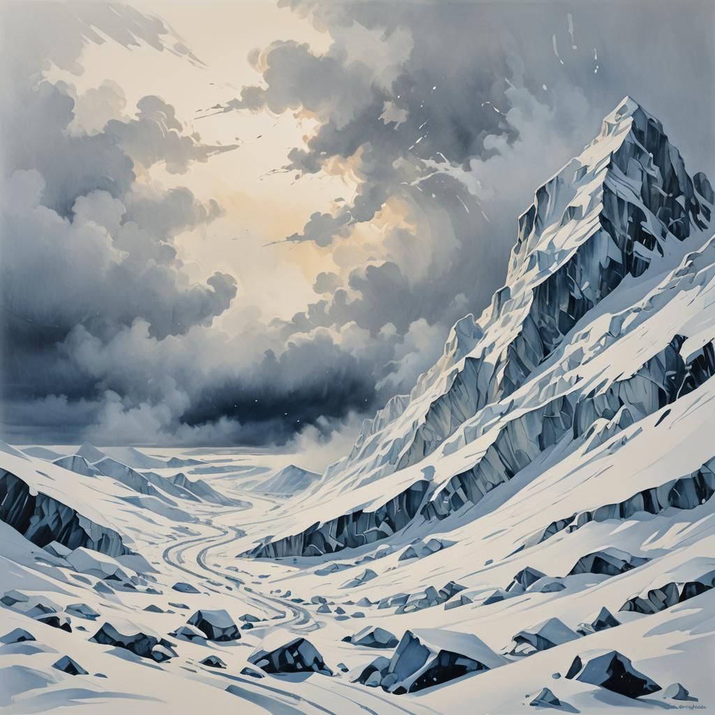 Arctic Blizzard Whiteout: Detailed Gouache Painting