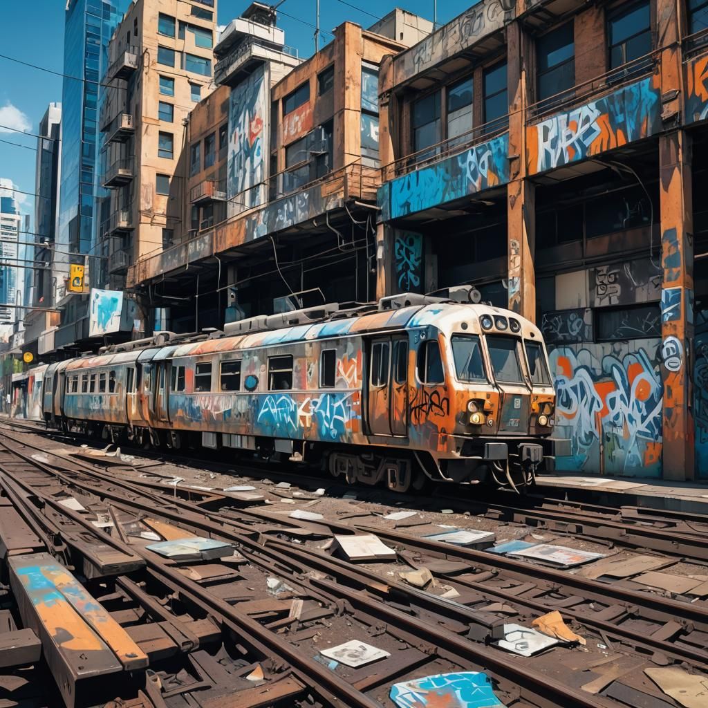 Dystopian Melbourne Train in Crowded Cityscape