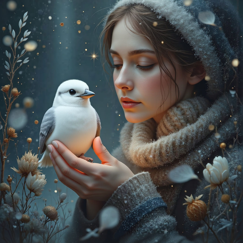 Winter Woman Holding Snowbird in Frozen Forest