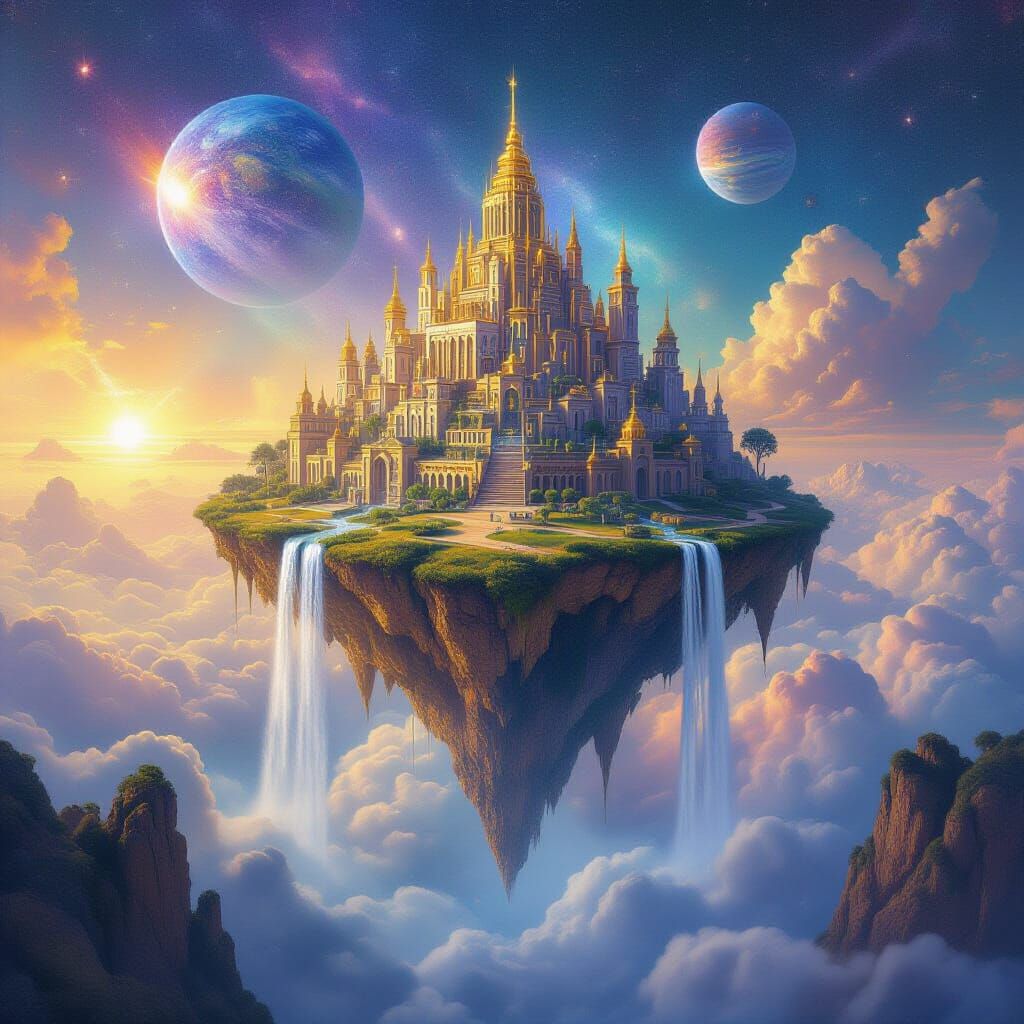 Celestial City with Waterfalls, Holographic Illustration