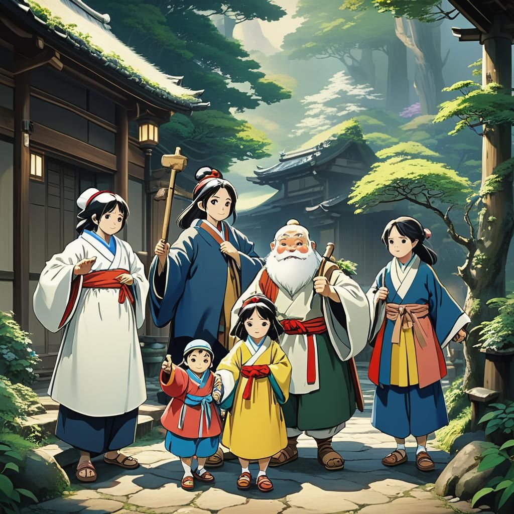 Snow White and Dwarfs in Japanese Ghibli Style