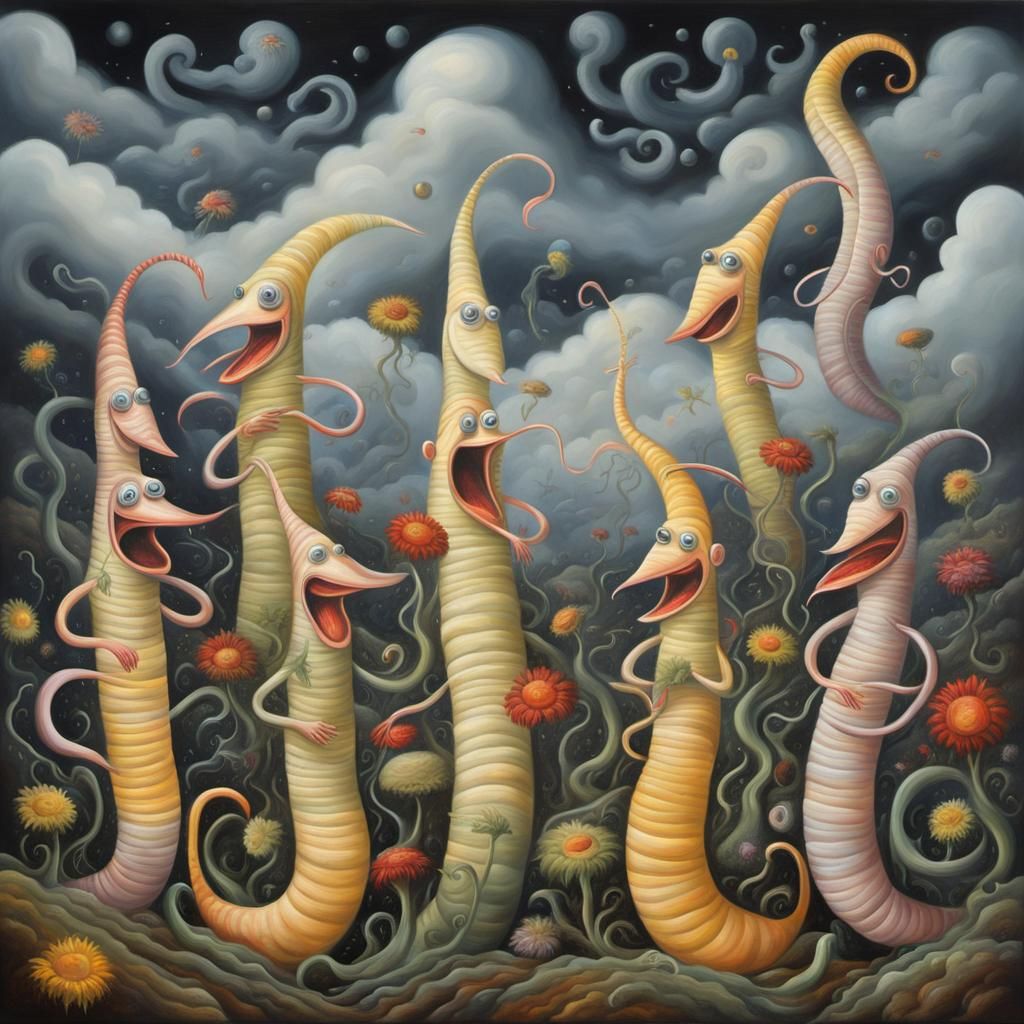 Surreal Worm Choir in Cheese Hills, Oil Painting