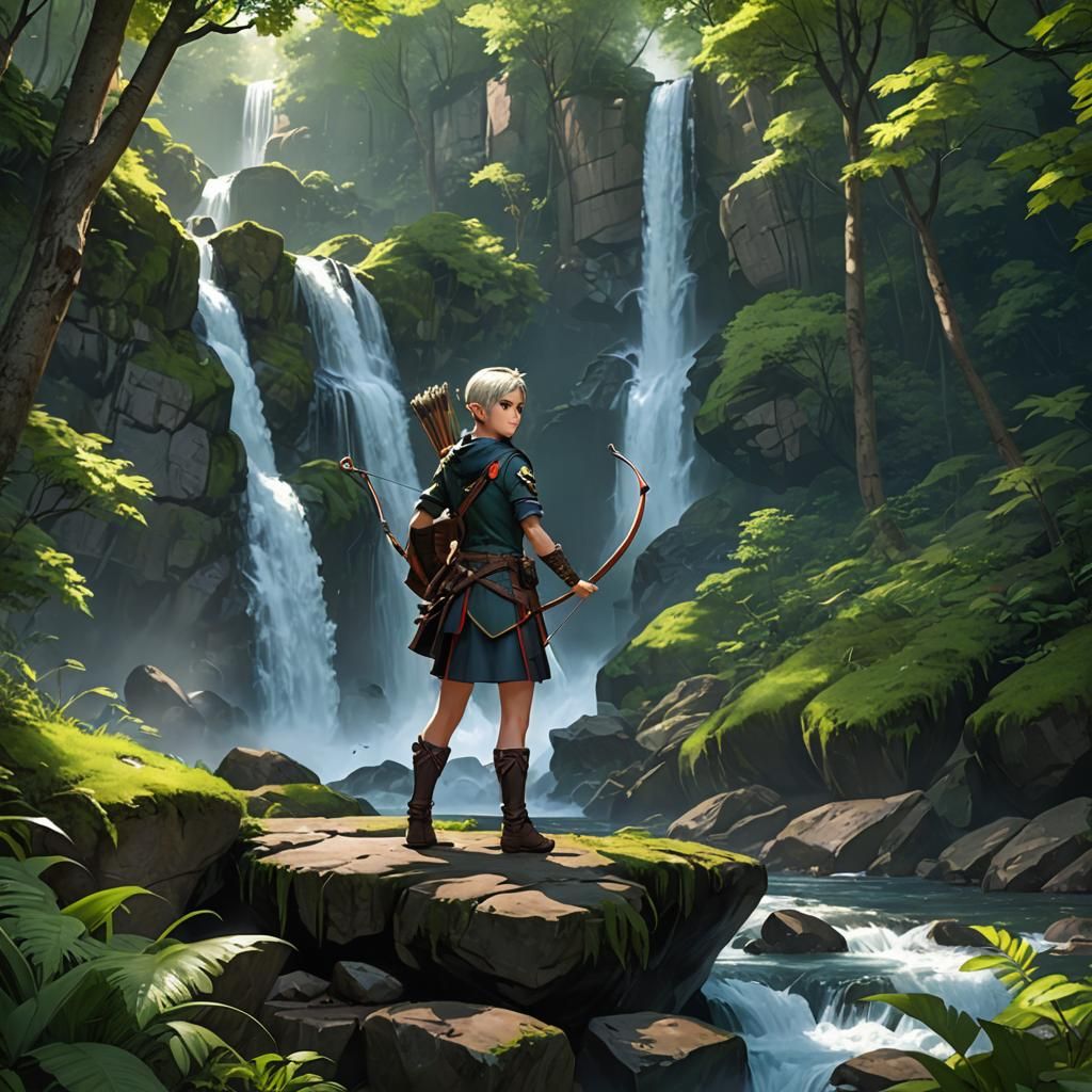 Archer in Lightbulb Waterfall: Anime-Inspired 3D Art