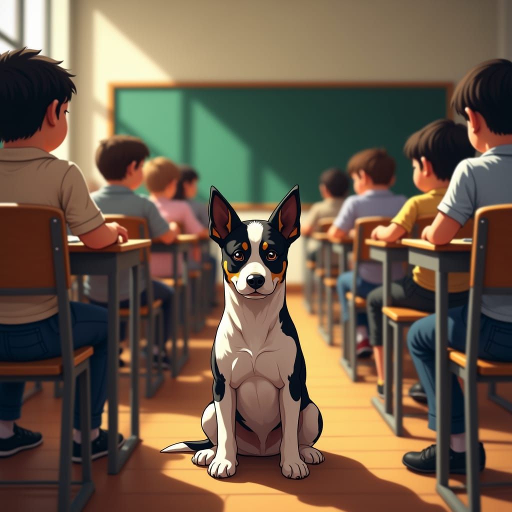 Dog Waits for Class in Anime-Style Classroom