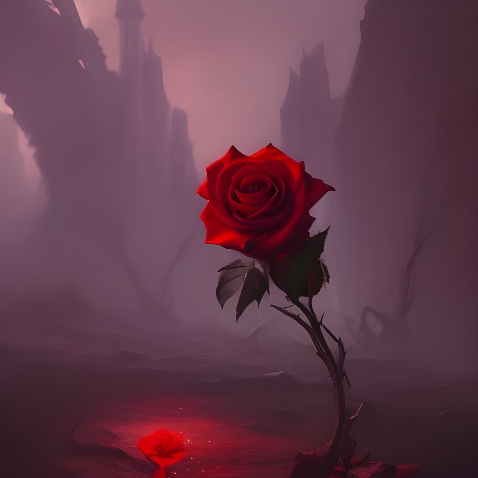 Single Red Rose Blooms in Hell, Hyperdetailed Art