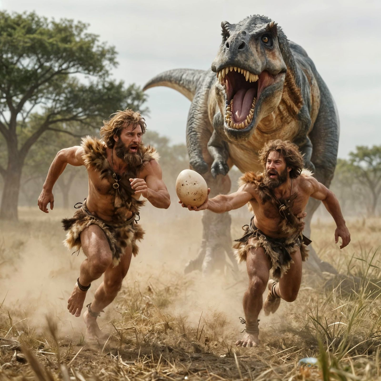 Prehistoric Men Pass Dinosaur Egg While T-Rex Chases