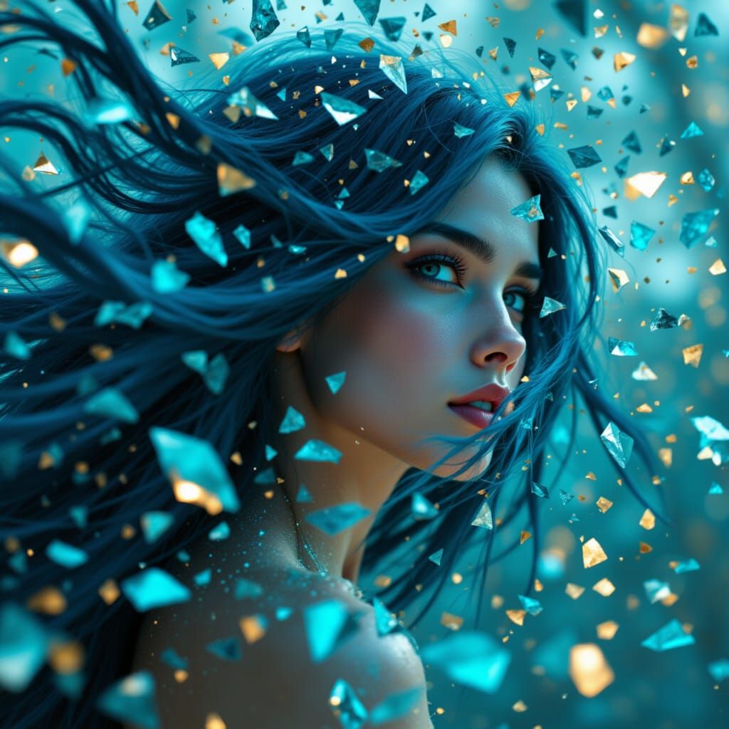Woman with Blue Hair Dissolving into Teal Shards