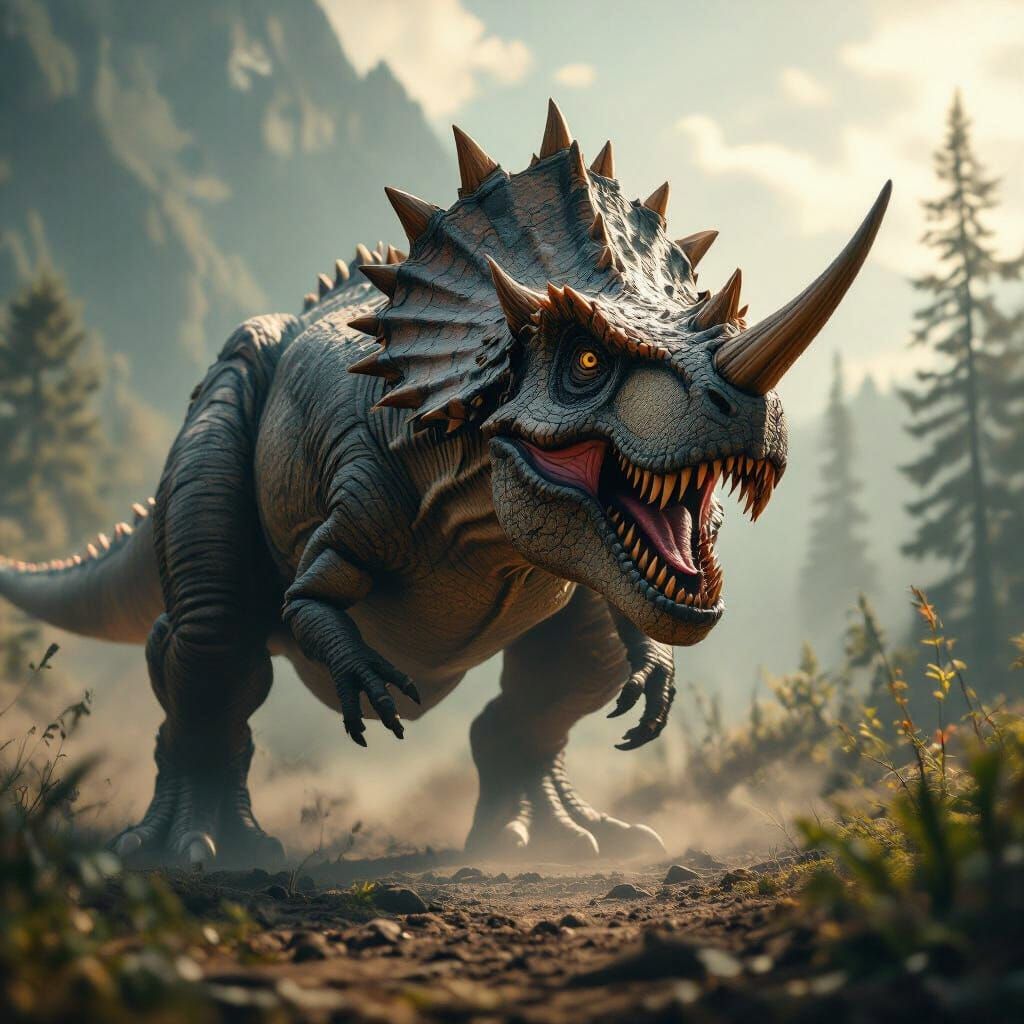 Epic T-Rex Triceratops Hybrid Creature Cinematic Film Still