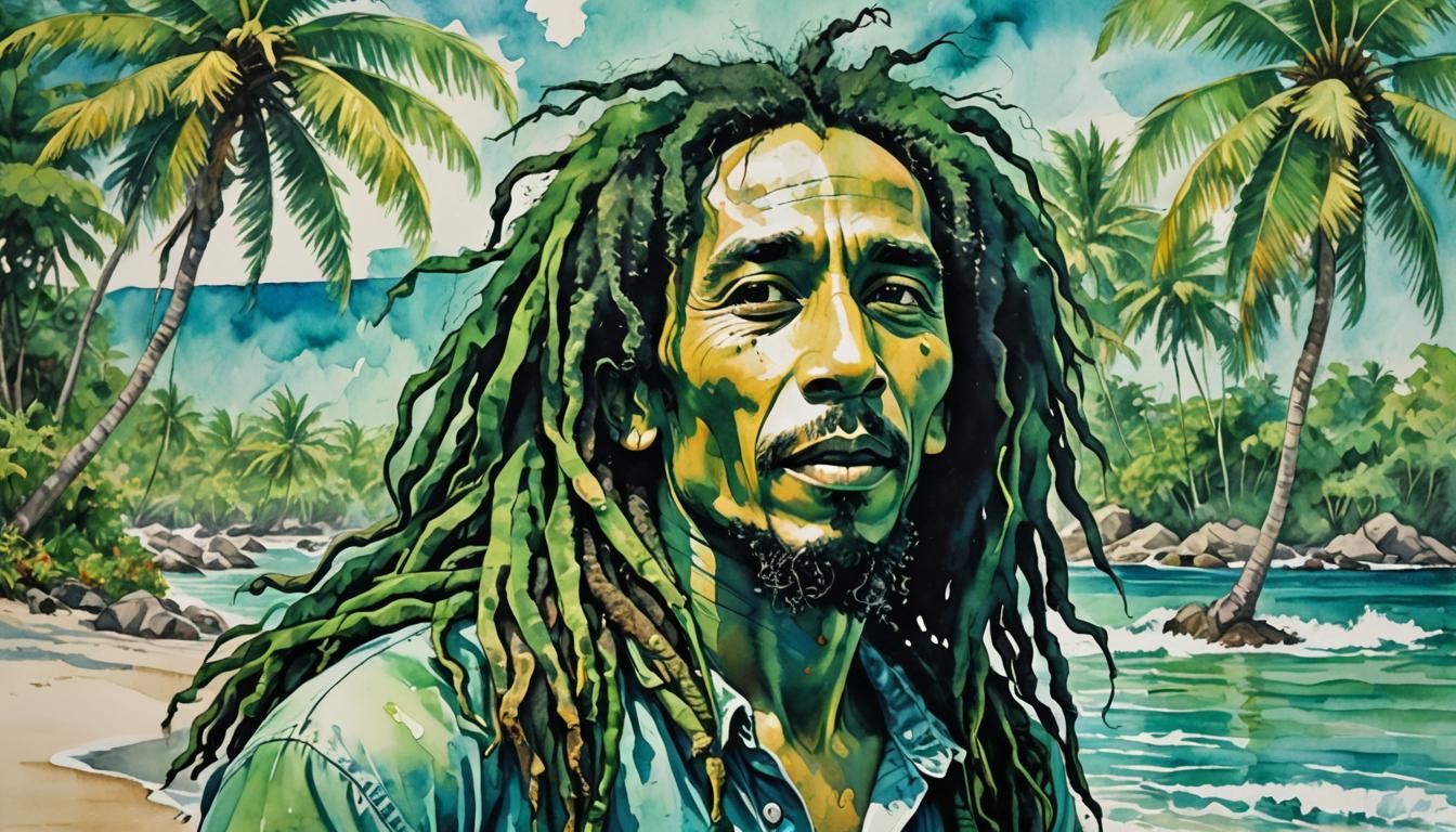 Bob Marley on Jamaican Beach in Pop Art Style
