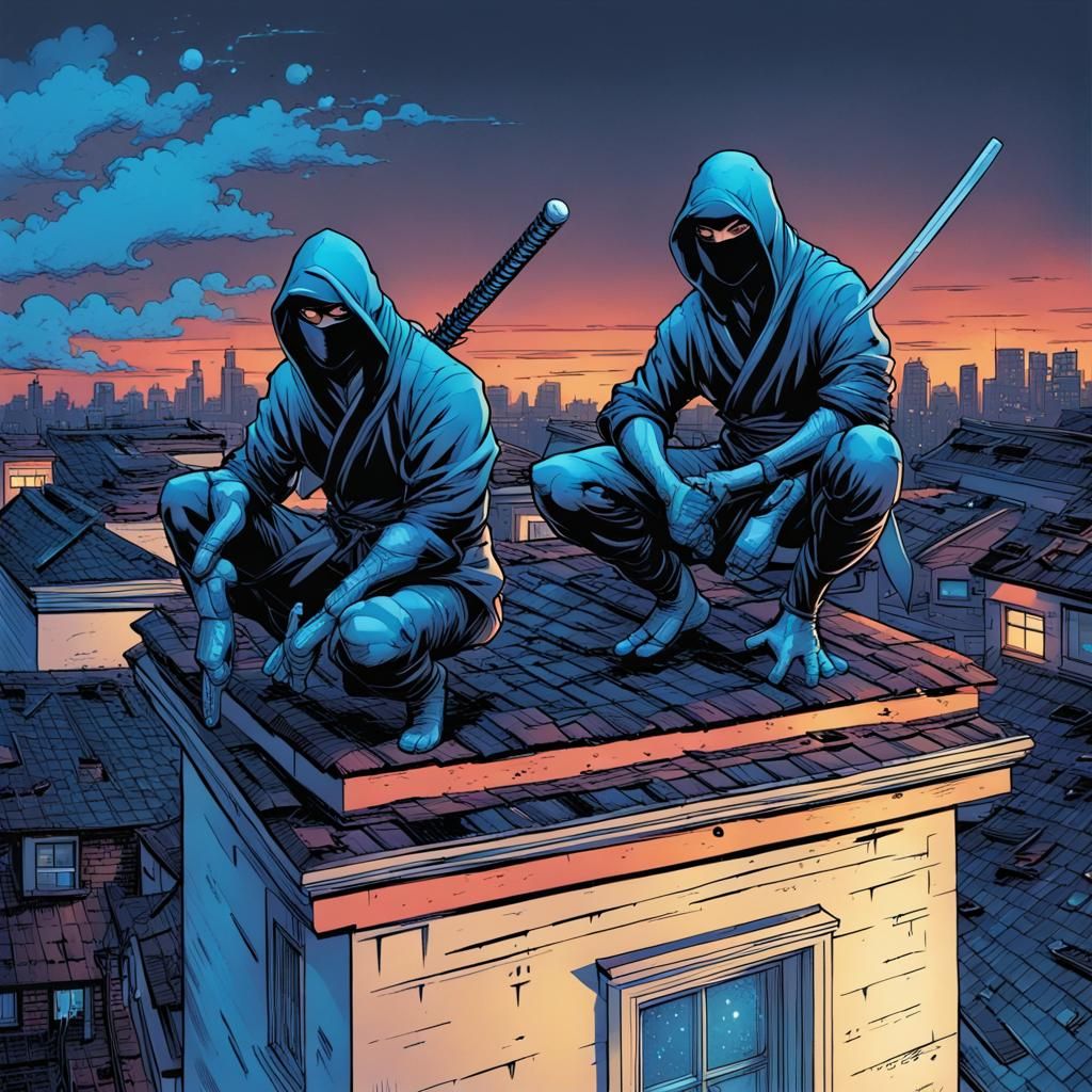 Blue Neon Ninjas on Rooftops: Comic Book Art