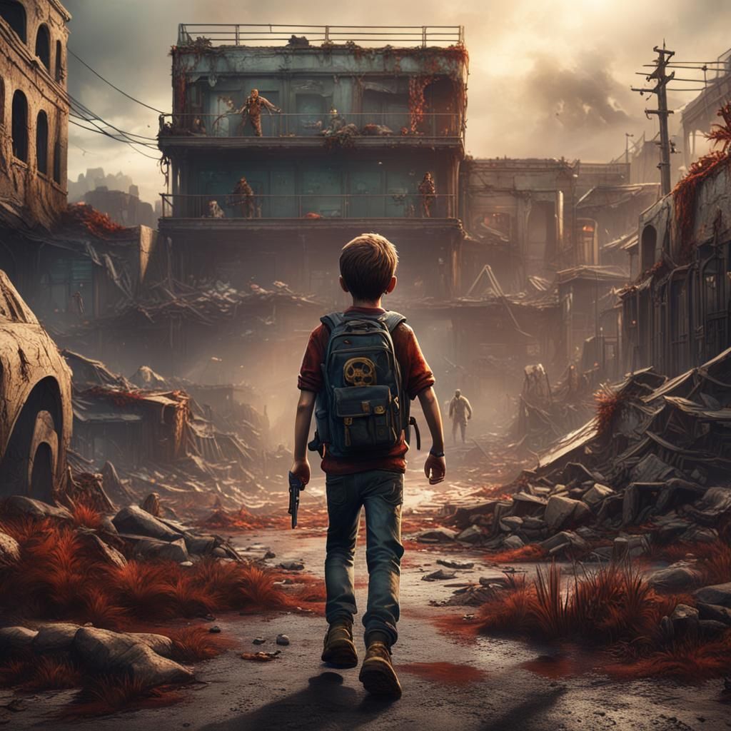 Boy Walks From Zombie Apocalypse: Detailed Matte Painting