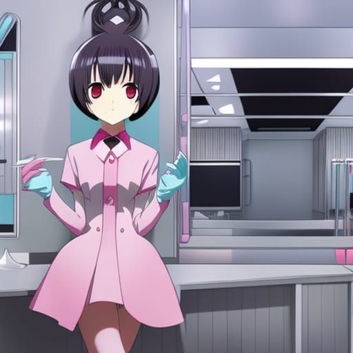 Anime Style Dentist in Mask and Pink Gloves