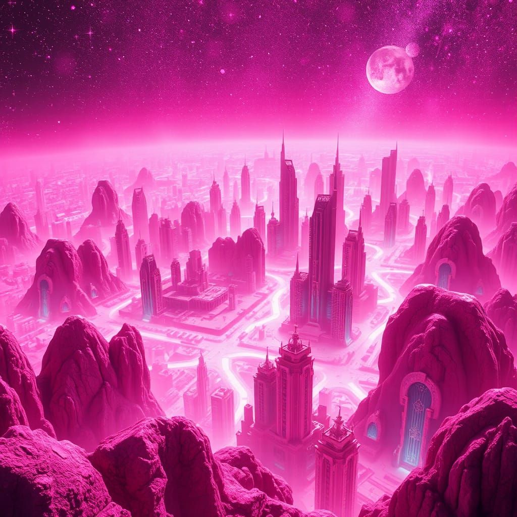 Pink Metropolis on Astral Plane in Surreal Style