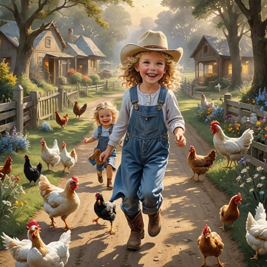 Girl in Cowboy Hat with Farm Animals