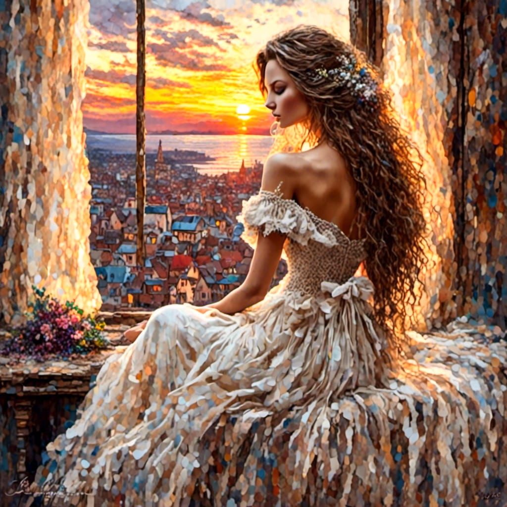 Stunning Woman in Gritty Antique Watercolor Sunset