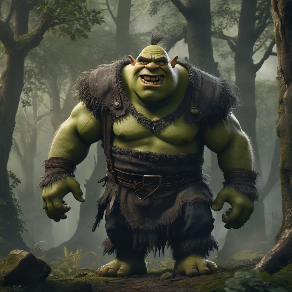 Ogre-Dwarf Gru Hybrid Portrait in Mystical Forest
