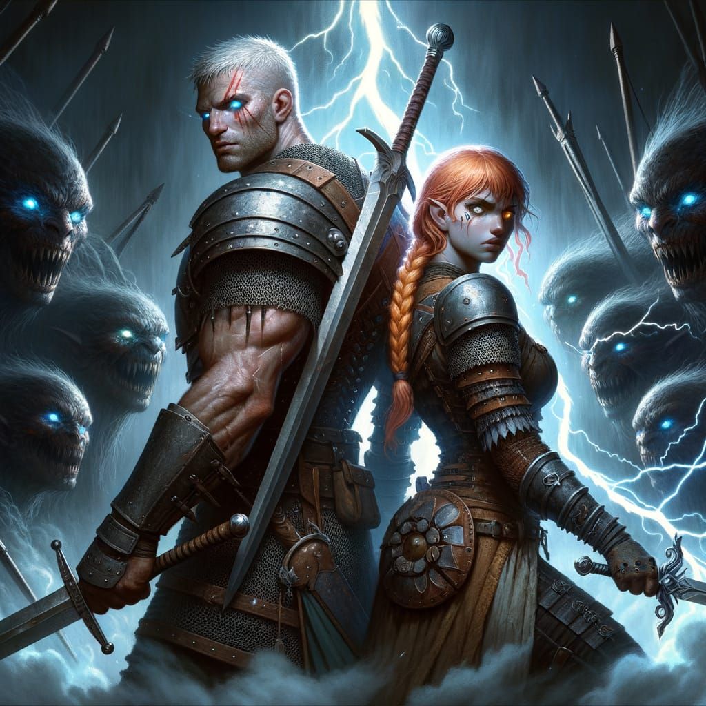 Dark Fantasy Warriors Battle Shadows in a Gritty, Steel-Clad...
