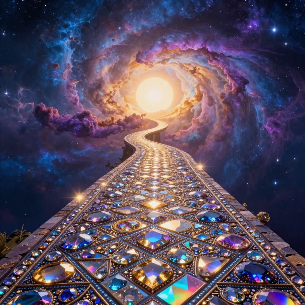 Gemstone Path to Dawn in Hyperrealistic Fantasy Style