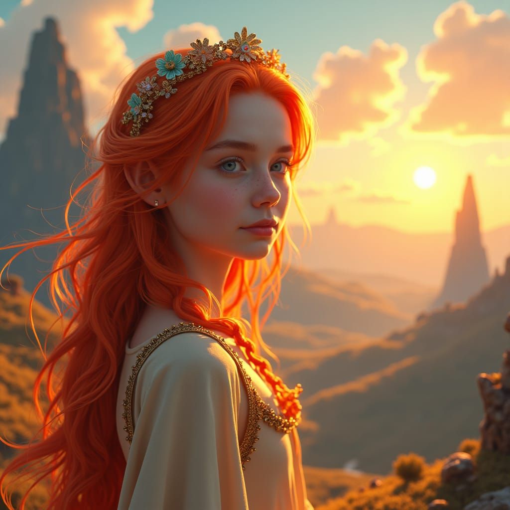 Radiant Girl in Dreamlike Fantasy Landscape