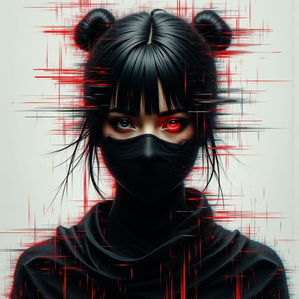 Digital Art of a Female Ninja in a Glitch Aesthetic