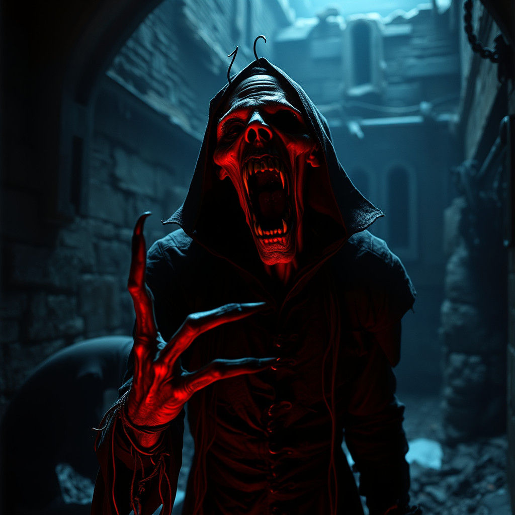 Grotesque Vampire Yells in Dark Gothic Ruins