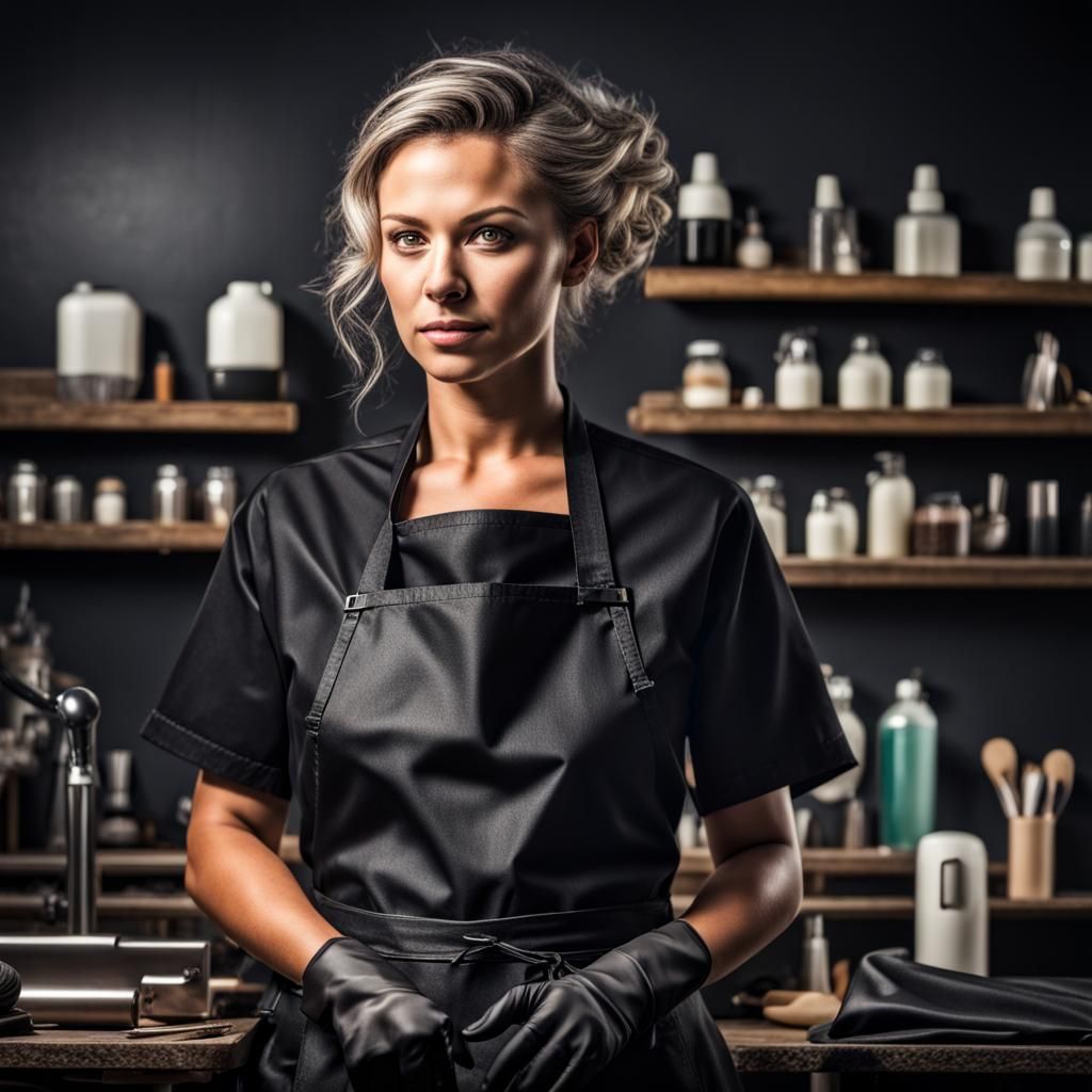 Hyperrealistic Female Hairdresser in Black Apron