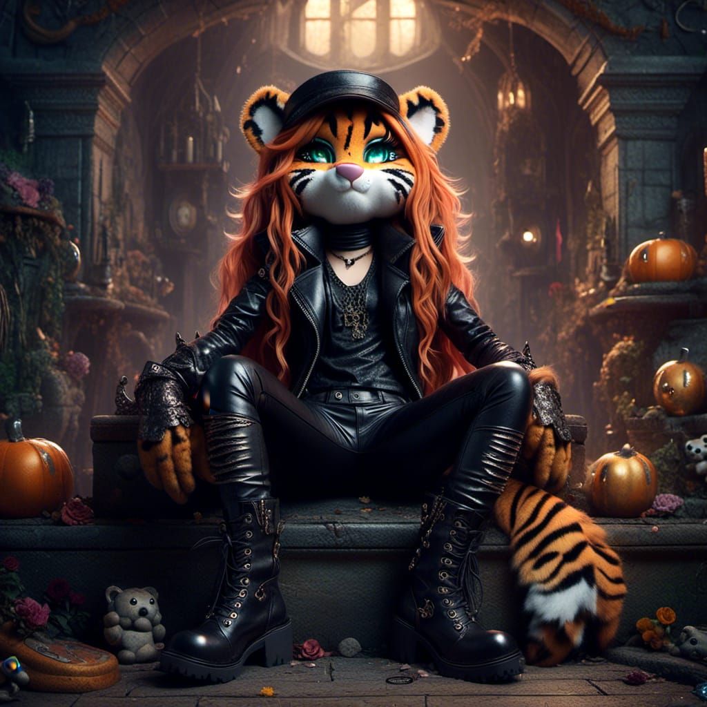 Whimsical Goth Tiger in Leather and Boots