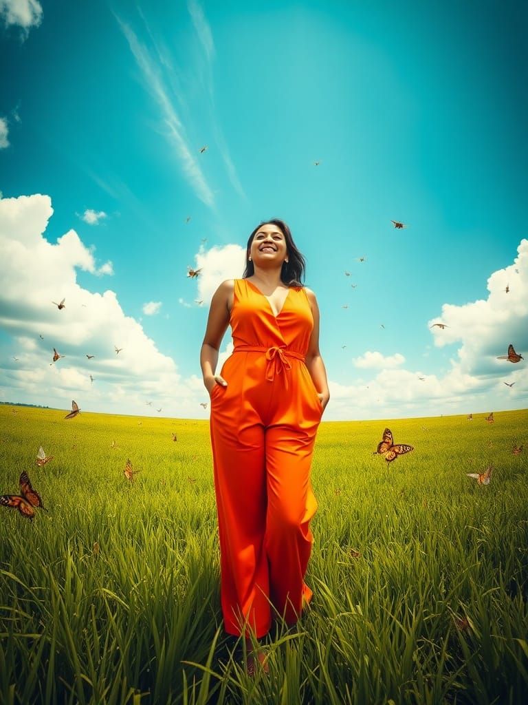 Hispanic Woman in Orange Jumpsuit on Green Lawn