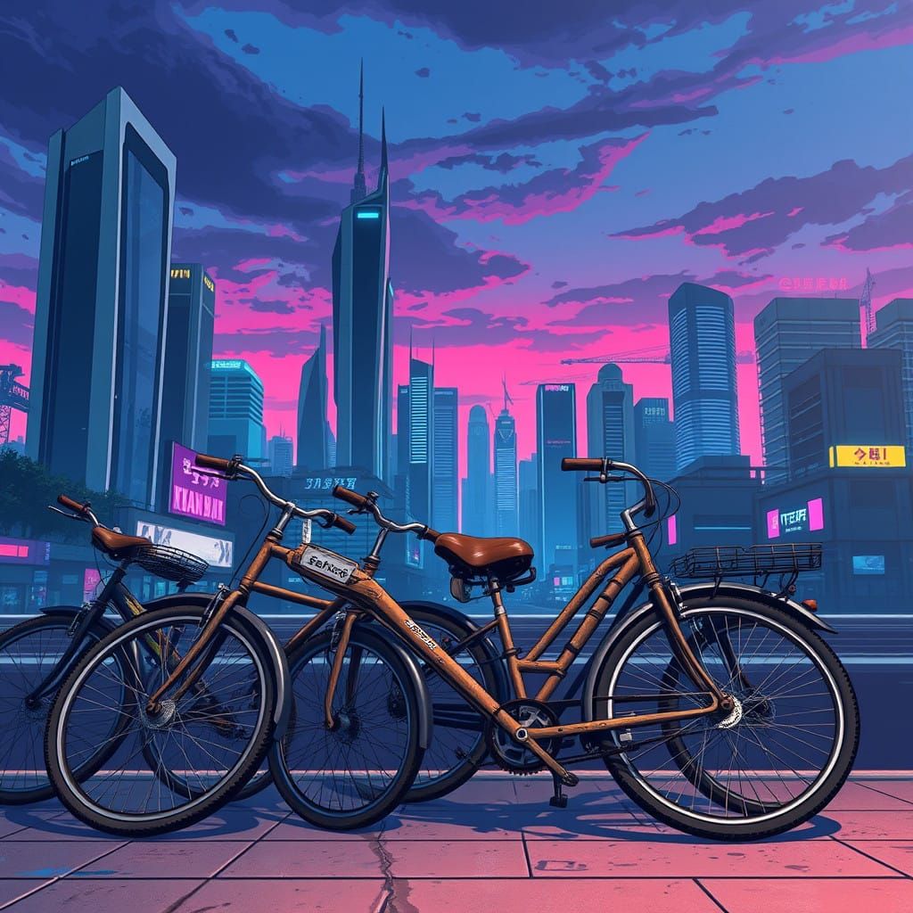 Neon Cyberpunk Cityscapes with Vintage Bicycles