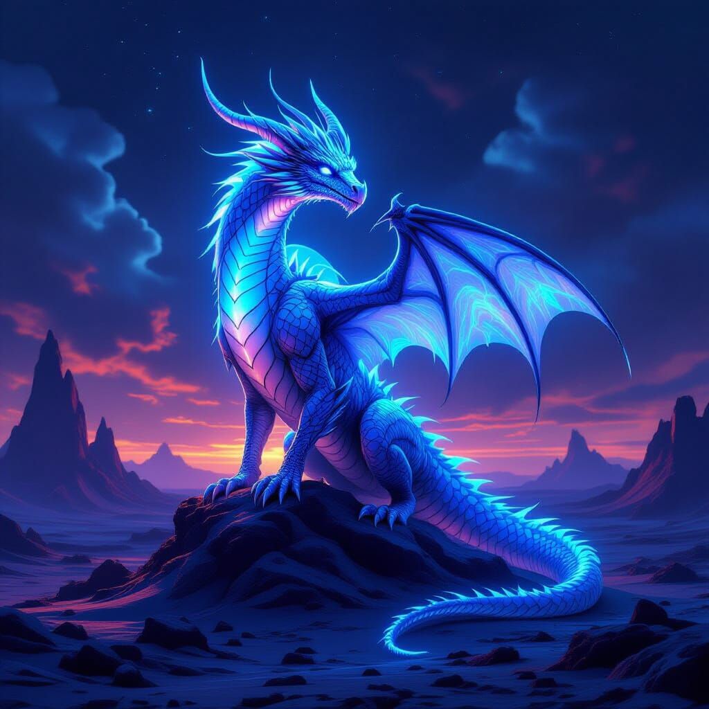 Bioluminescent Dragon on Alien Terrain in Cinematic Light