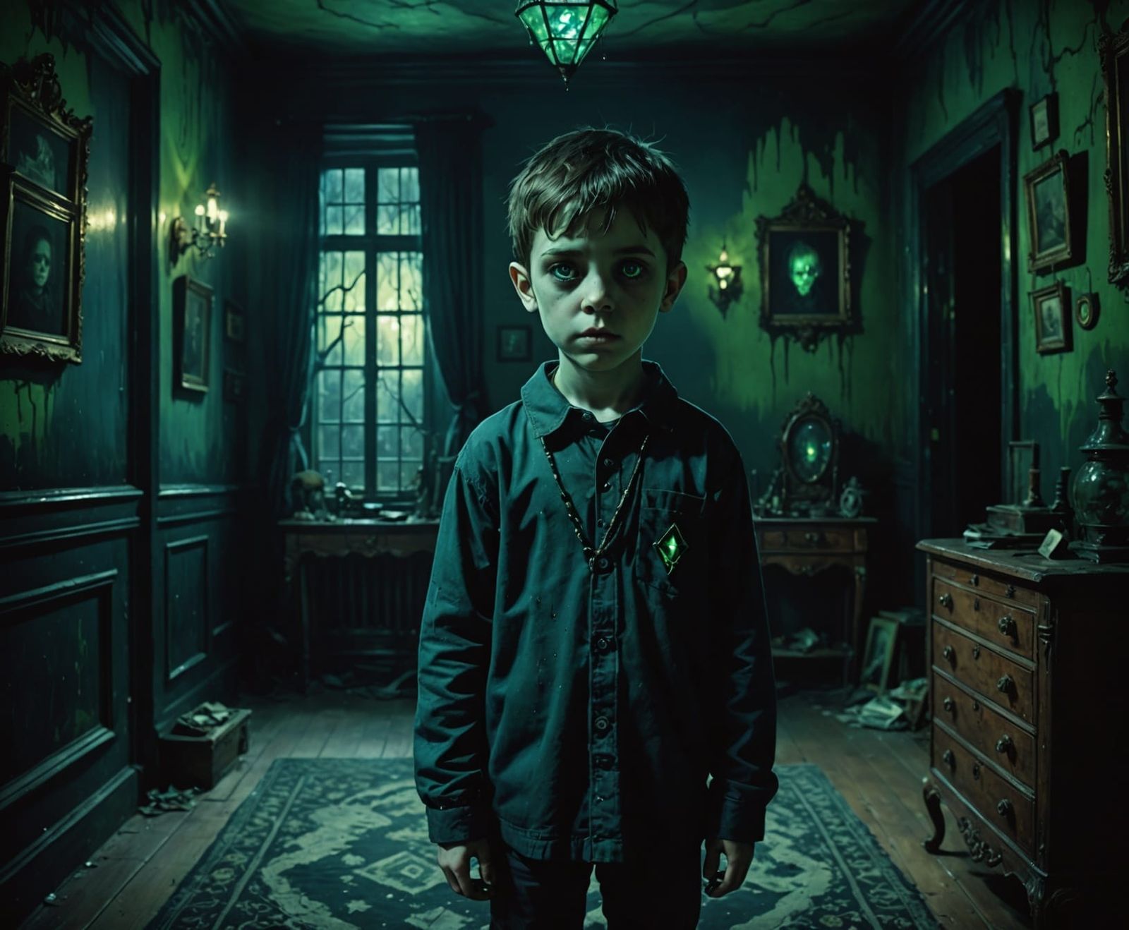 Eerie Ghost Child in Gothic Room with Electric Eyes