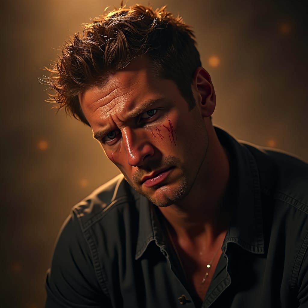 Emotional Portrait of a Man in Dramatic Supernatural Setting