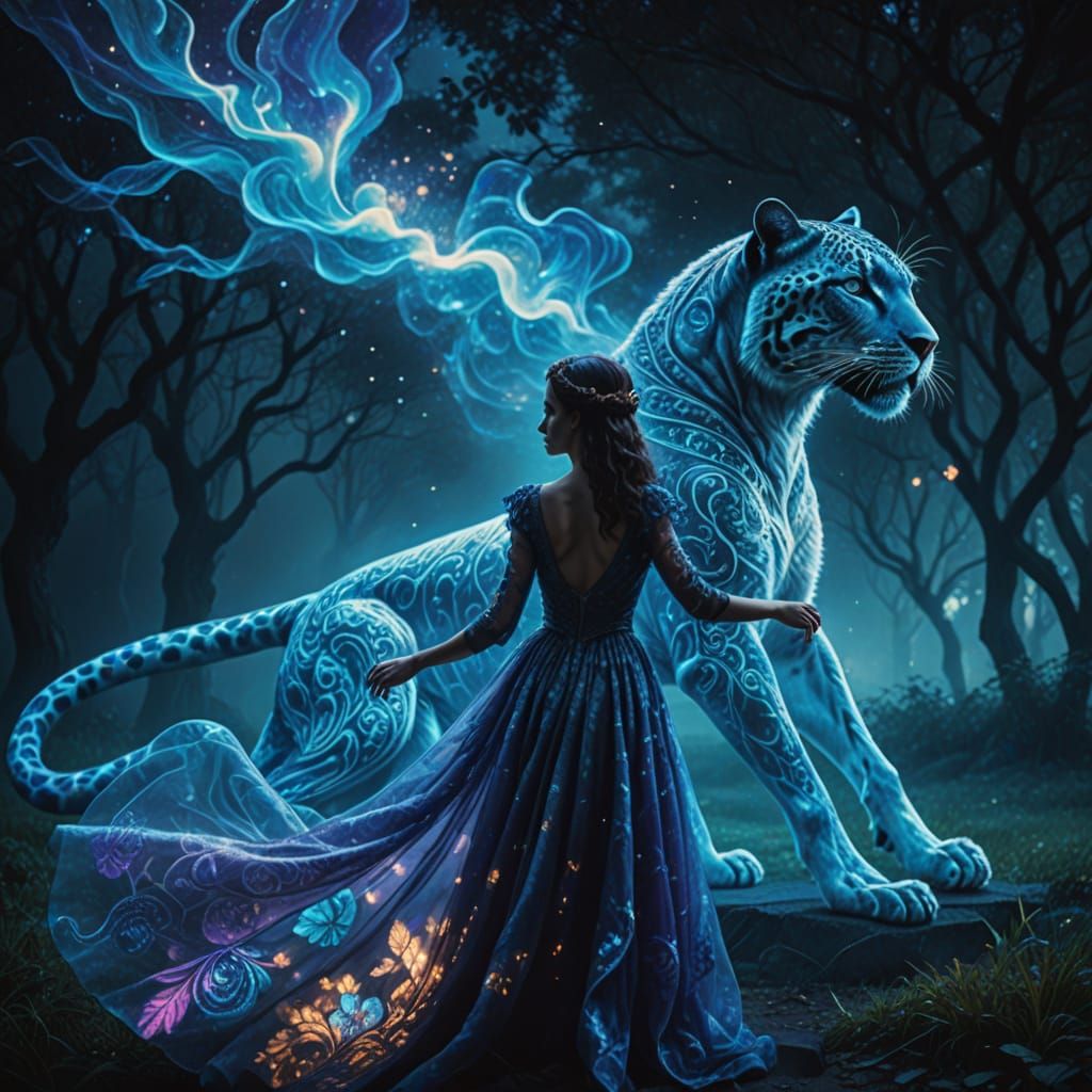 Ethereal Goddess and Celestial Panther in Golden Hour