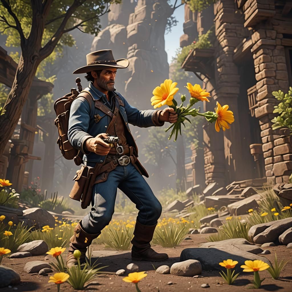 Funny Western Showdown with Squirt Flower in 3D