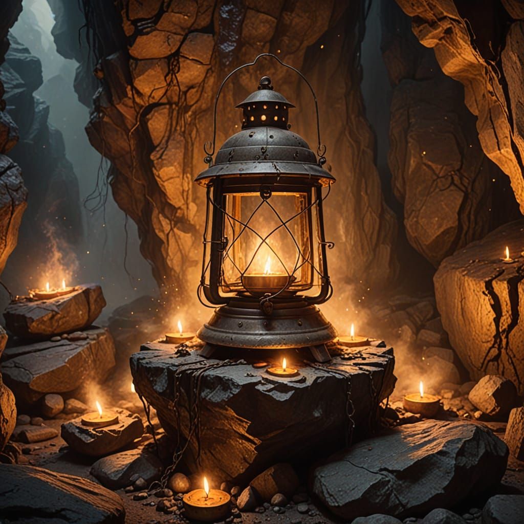 Mystic Lantern in Candlelit Cave: Fantasy Concept Art