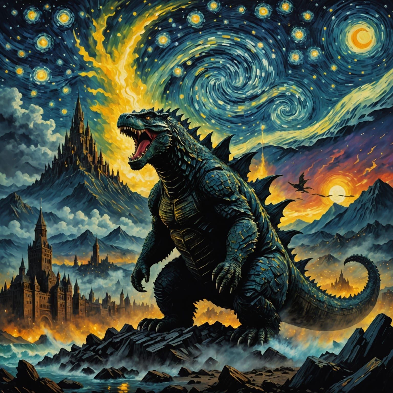 Godzilla Roars in Starry Night: A Van Gogh Homage