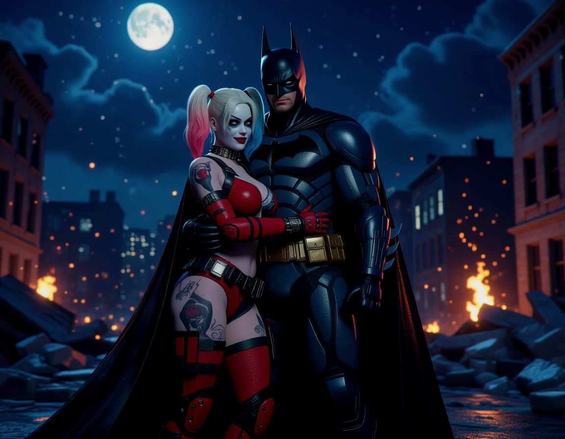 Futuristic Batman and Muscular Harley Quinn Embrace