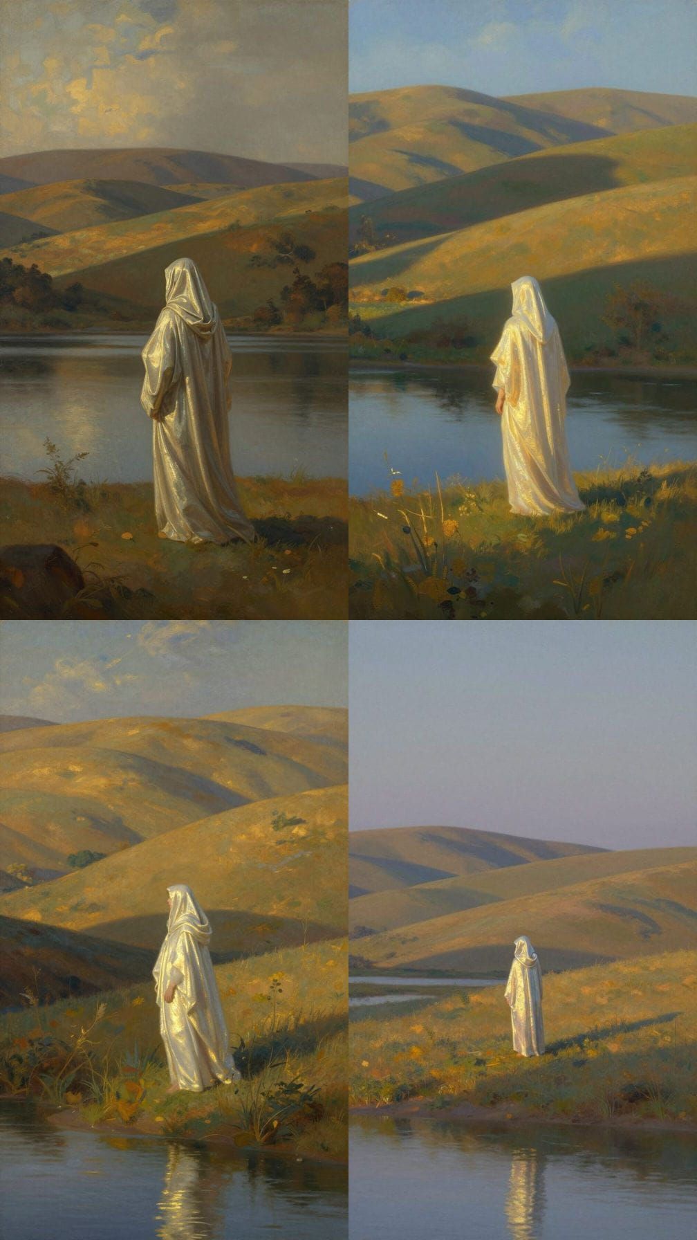 Golden Light Illuminates Serene Hills and Water with Lone Fi...