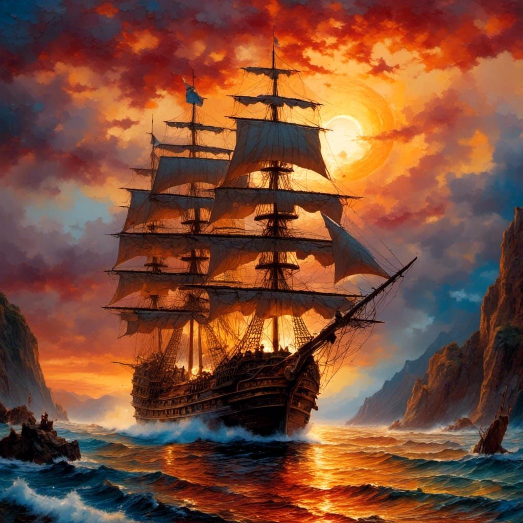 Pirate Ship Sunset in Hyperrealistic Style