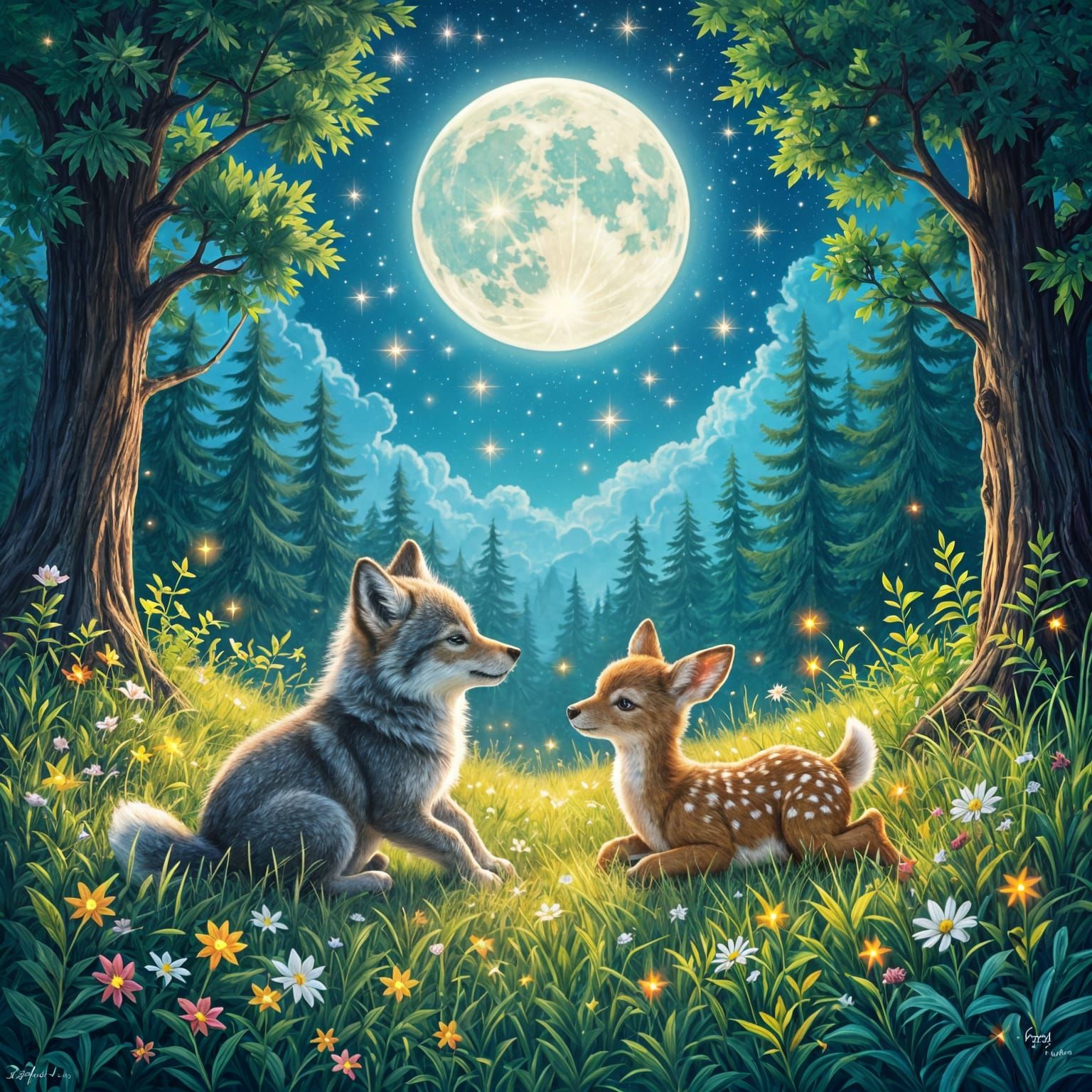 Wolf Cub and Fawn Play Under Full Moon