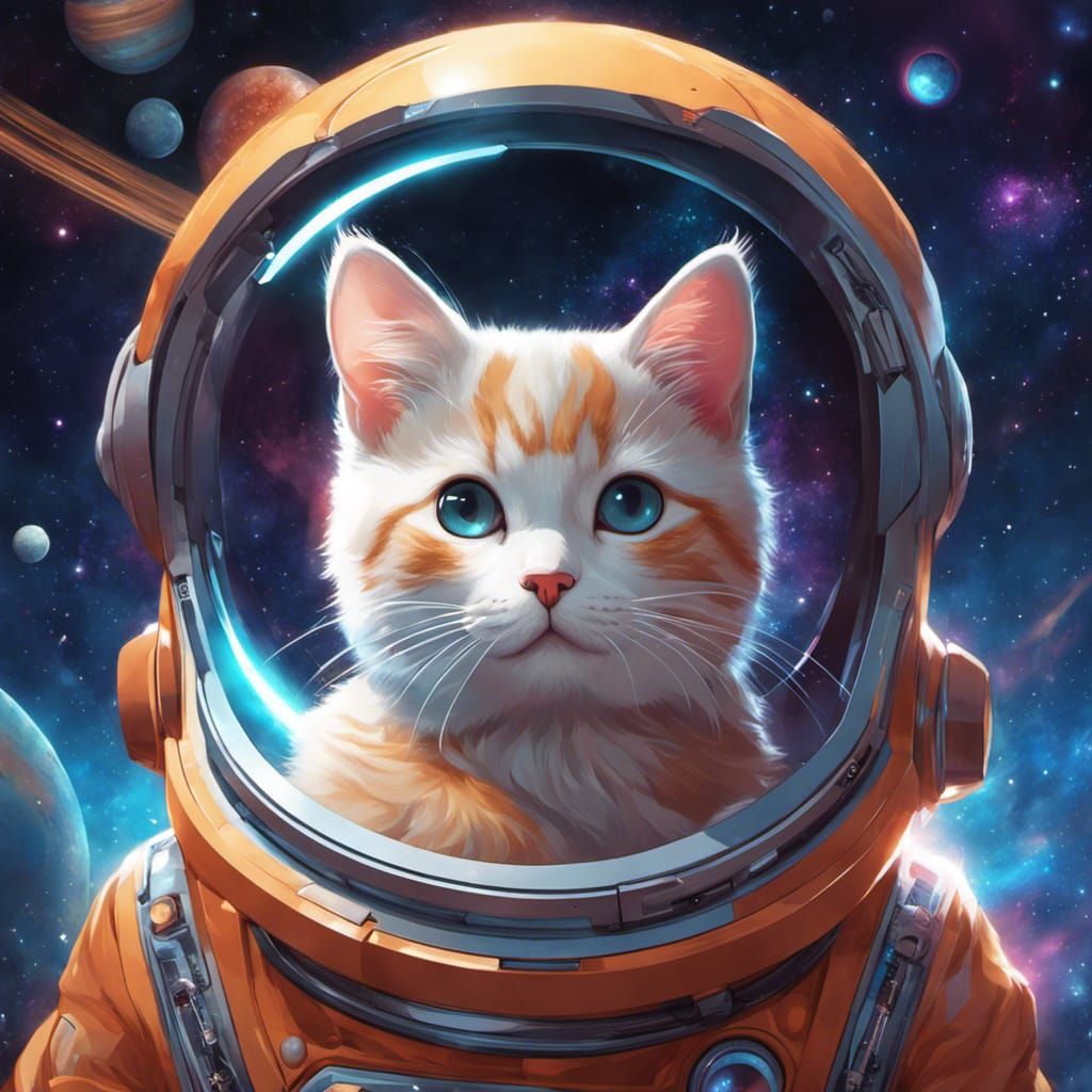 Cute Kawaii Cat in Space Digital Painting