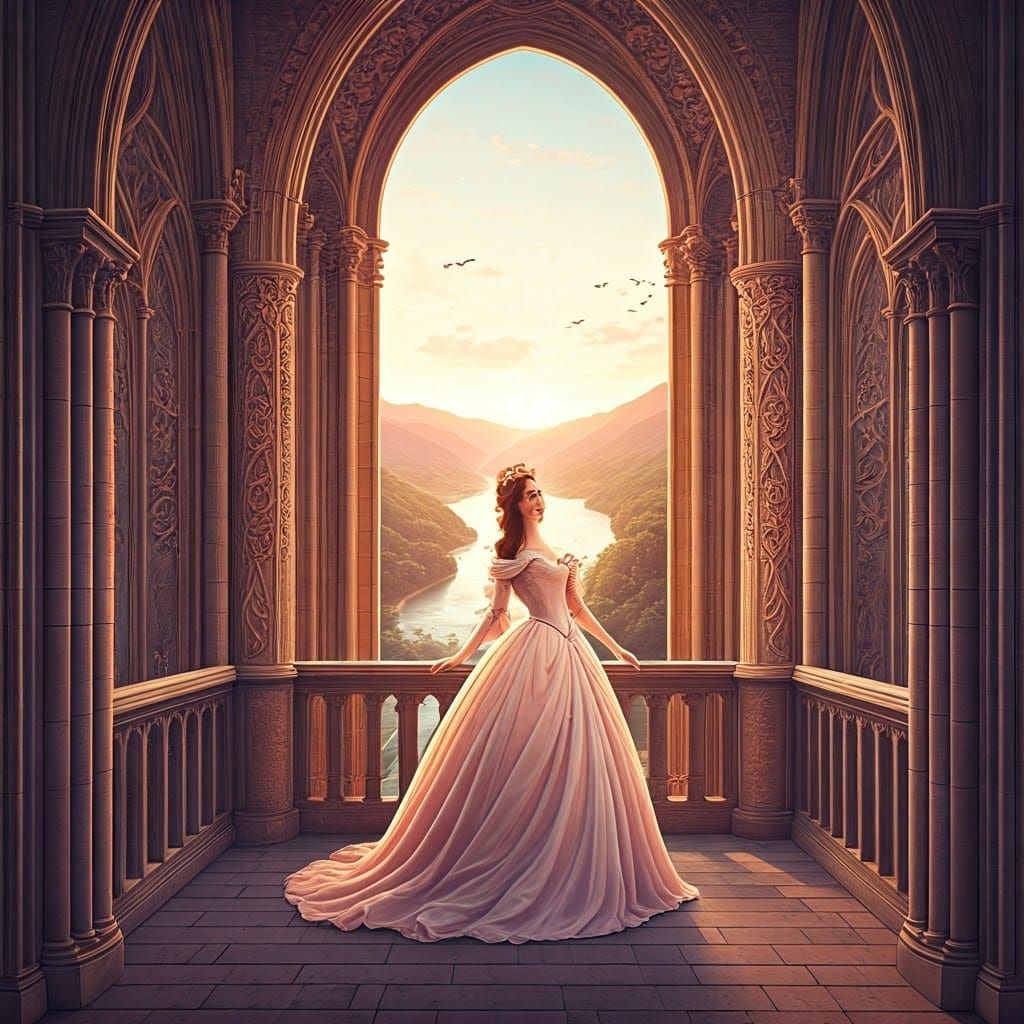 Elegant Princess in a Medieval Castle at Sunset