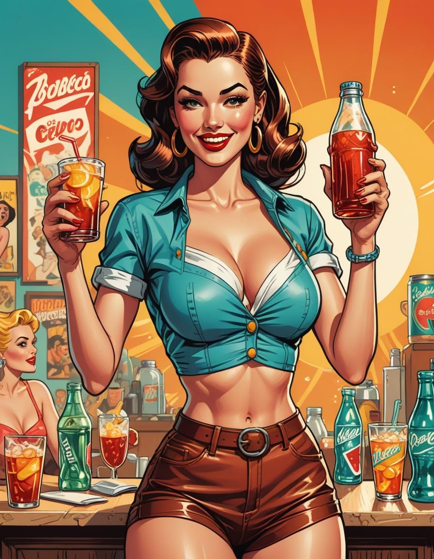Vibrant Retro Pin-up Cowgirl with Soda
