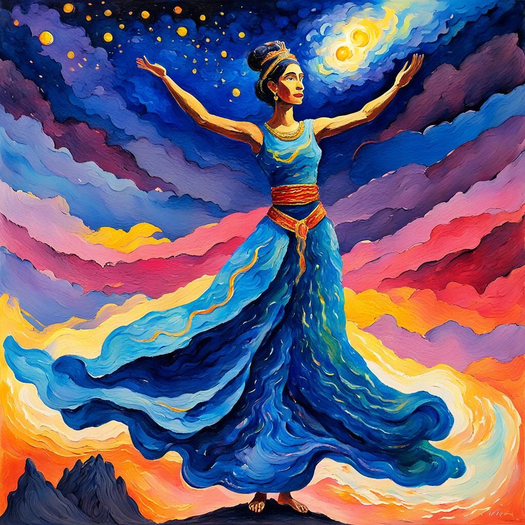 Darkness Genie Illuminates Sky as Gouache Painting