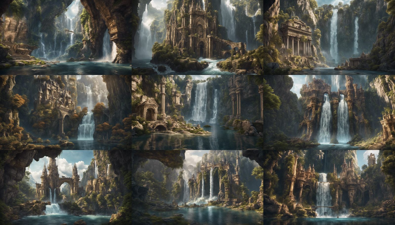 Ancient Medieval City Built into Waterfall, Detailed Matte P...