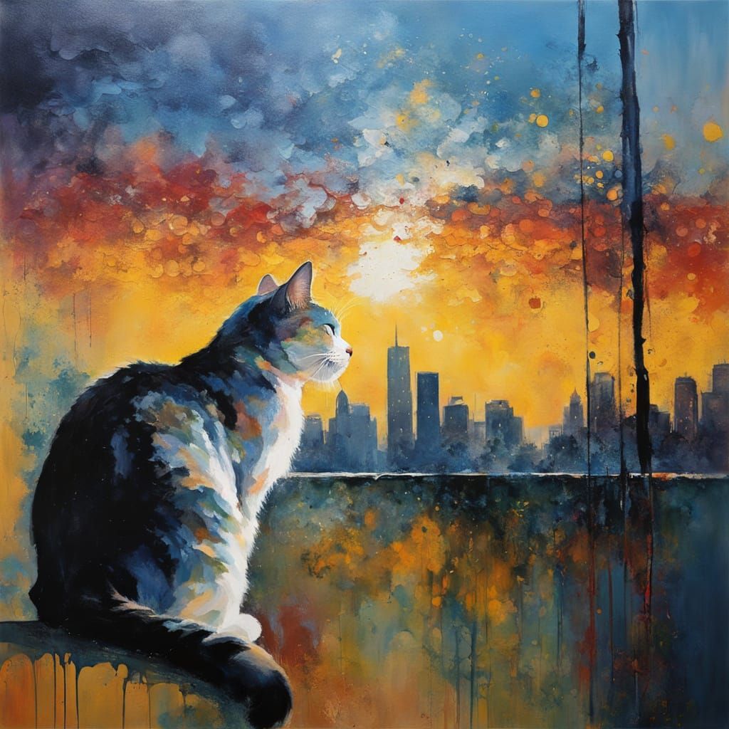 Cat looking out at the city on an autumn night